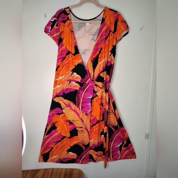 Old Navy Wrap Sundress Knee length Tropical Beach Orange Pink Vibrant sz L. - Picture 1 of 17
